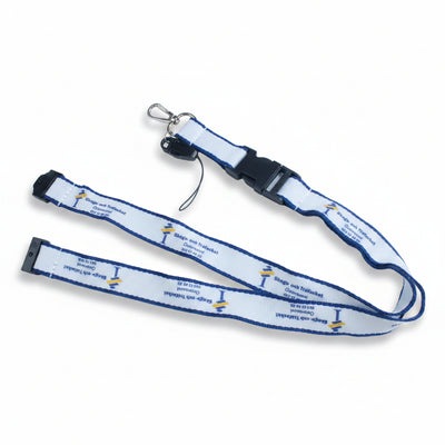A white nylon lanyard with blue trim, featuring printed blue text and a yellow-and-blue logo, complete with a black plastic buckle, metal swivel clasp, and black end caps, laid out on a white background.