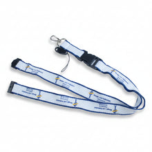 A white nylon lanyard with blue trim, featuring printed blue text and a yellow-and-blue logo, complete with a black plastic buckle, metal swivel clasp, and black end caps, laid out on a white background.