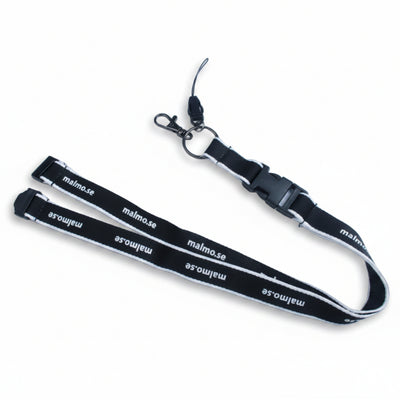A black adjustable lanyard strap with white 'malmose' branding printed repeatedly, featuring a black plastic buckle, metal split ring, and black swivel clasp, laid flat on a white background.