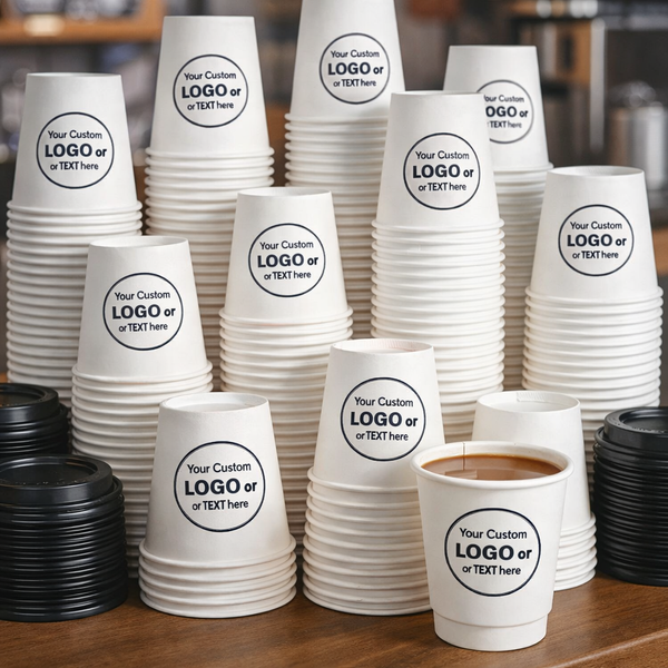 Stacks of white paper cups with customizable logos or text on a wooden surface.