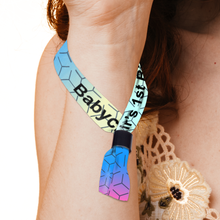 Colorful wristband with text worn around a neck