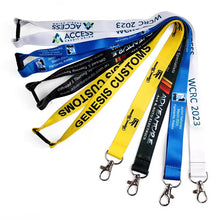 Six customized printed lanyards with metal swivel clamps, displayed in a fan shape on a white background. The lanyards are white, blue, black, and yellow, featuring various corporate event and custom text prints.