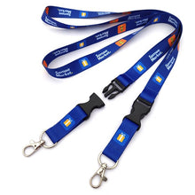 Two blue lanyards with black plastic quick-release buckles and silver lobster clasps, printed with the 'Somado Markets' logo, shown on a white background.