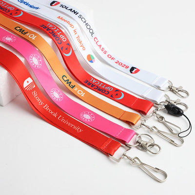 Set of colorful lanyards with various branding on a white background