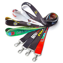 Collection of colorful lanyards with various designs and text on a white background