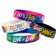 Four colorful printed wristbands stacked on a white background, each with different party-themed text and graphics including 'LET'S Party!', 'CELEBRATE Good Times!', 'LIVE & LOUD', and 'GOOD VIBES'.