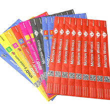 A fan arrangement of colorful motion detection middle cards, including red, orange, pink, yellow, blue, and black versions, each printed with 'MOTION WHEELS' and QR codes on a white background.