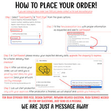 Instructions on how to place an order for custom napkins with personalized text, including steps and a product image.