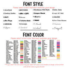 Font style and color selection chart with a list of fonts and color swatches.