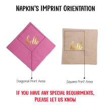Two napkins with 'hello' printed on them, one pink and one beige, showing different imprint areas.