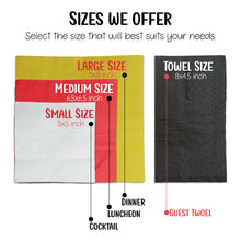 Napkin size chart with different sizes labeled and dimensions.