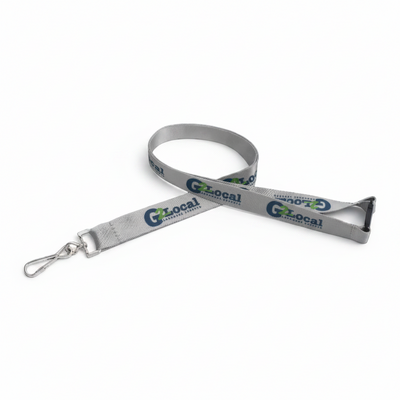 A blue nylon lanyard with white FSC branding and text, featuring a silver metal lobster clasp on one end, shown against a plain white background.