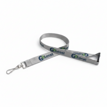 A blue nylon lanyard with white FSC branding and text, featuring a silver metal lobster clasp on one end, shown against a plain white background.