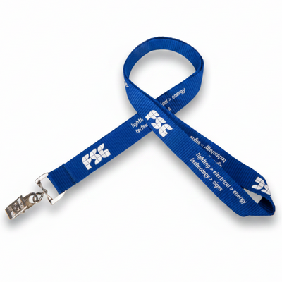 A blue nylon lanyard with white FSC branding and text, featuring a silver metal lobster clasp on one end, shown against a plain white background.