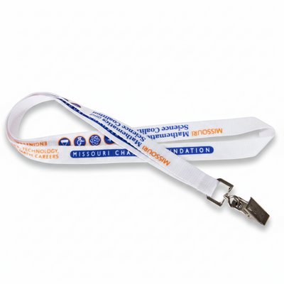 A white plastic Custom Polyester Lanyards with a metal clip, printed with blue and orange text including 'Missouri Mathematics Career Cluster' and 'Missouri Chapter 4888 Foundation'.