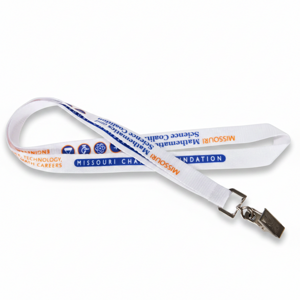 A white plastic Custom Polyester Lanyards with a metal clip, printed with blue and orange text including 'Missouri Mathematics Career Cluster' and 'Missouri Chapter 4888 Foundation'.