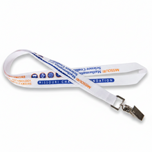 A white plastic Custom Polyester Lanyards with a metal clip, printed with blue and orange text including 'Missouri Mathematics Career Cluster' and 'Missouri Chapter 4888 Foundation'.