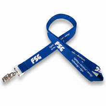 A blue nylon lanyard with white FSC branding and text, featuring a silver metal lobster clasp on one end, shown against a plain white background.