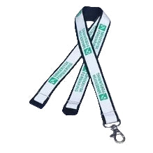 A white Reflective lanyard with green and black printed text and logos, featuring a black plastic swivel clasp at the end, shown on a plain white background.