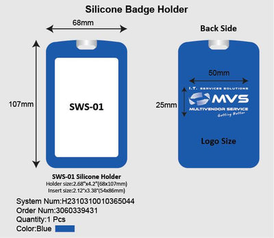 Silicone badge holder with dimensions and branding details on a white background