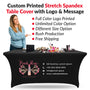 Black stretch spandex table cover with logo and product display, featuring a woman and promotional text.