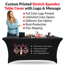 Black stretch spandex table cover with logo and product display, featuring a woman and promotional text.