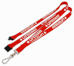 Red lifeguard Custom Tubular Lanyards with white 'LIFEGUARD' text and cross symbols, shown with black plastic clips and a silver metal clasp on a white background.