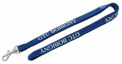 A blue woven Custom Tubular Lanyards with white 'GTC BOBIGNY' text printed repeatedly, attached to a silver metal lobster clasp, shown on a plain white background.