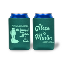 Two green can coolers with white text on a white background