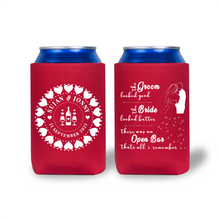 Two red can coolers with white text and graphics on a white background
