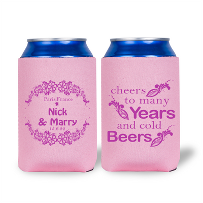 Two pink can coolers with purple text and designs on a white background