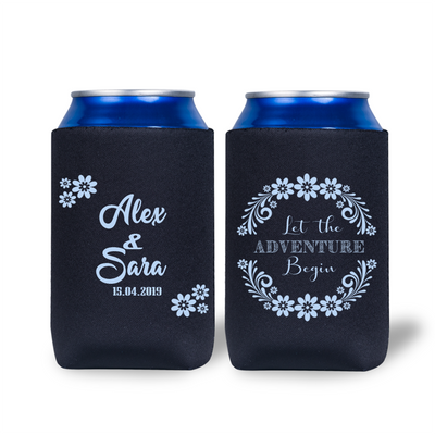 Two black can coolers with personalized text and floral designs on a white background