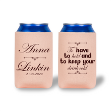 Two can coolers with personalized text on a white background