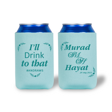 Two light blue can coolers with personalized text on a white background