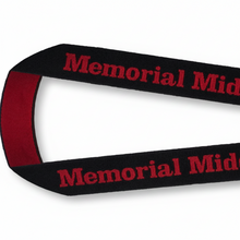 A black Custom Woven Lanyards with red text reading 'Memorial Middle School 