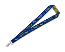 A blue and gold Foothill Falcons Custom Woven Lanyards with a silver metal clasp, shown on a plain white background.